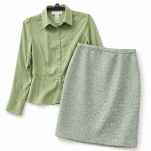 Sage Green Blouse + Tweed Pencil Skirt Set Soft Classic Two-Piece Size 10